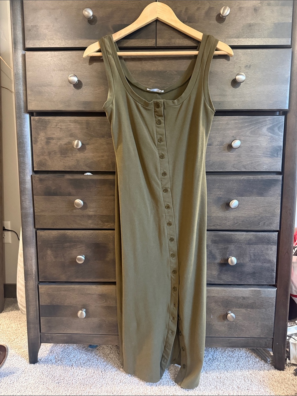 Reformation Olive Green Button-Front Sleeveless Maxi Dress